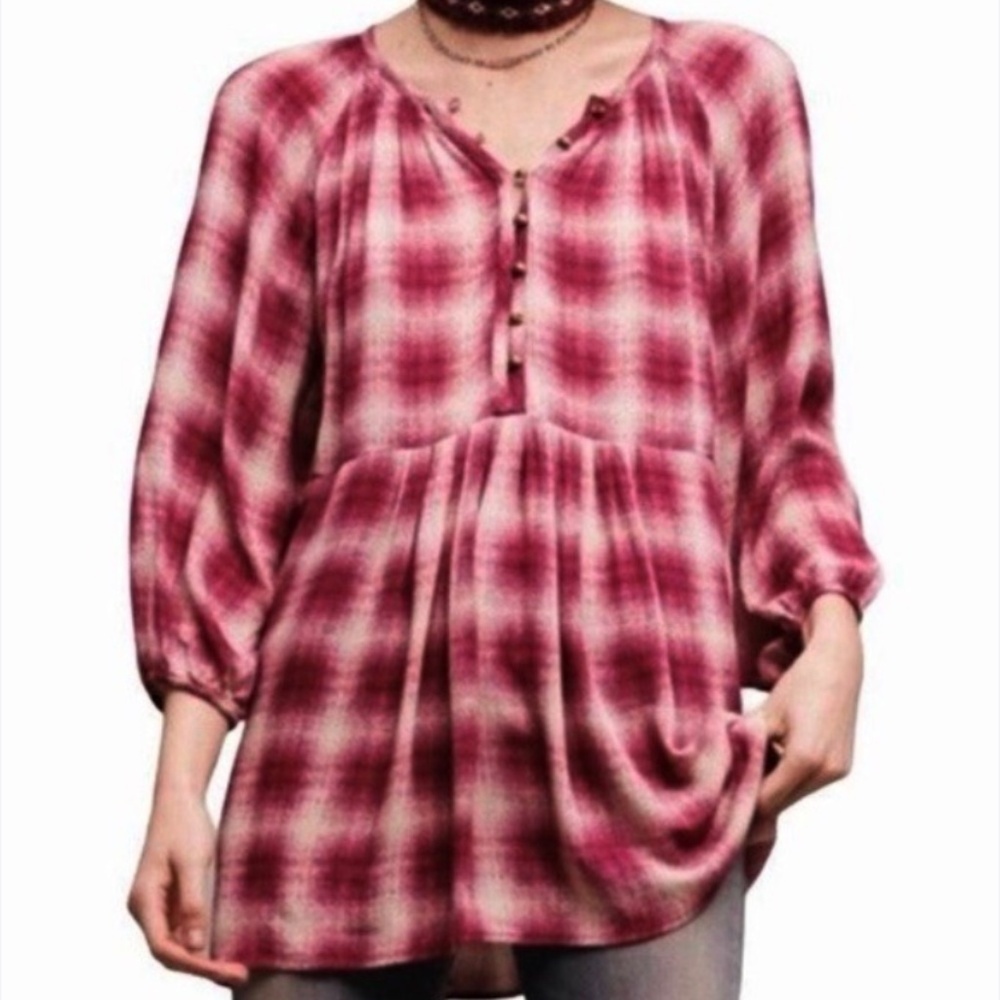 Anthropologie Maeve Pink Peplum Plaid Cavalon Boho Top Size Large